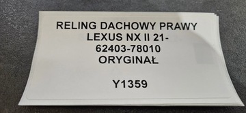 STŘEŠNÍ NOSIČ STŘEŠNÍ PRAVÝ LEXUS NX II 21- 62403-78010 ORIGINÁLNÍ