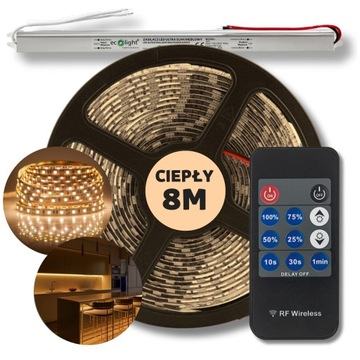 ZESTAW 8m Taśma pasek listwa LED SMD biały ciepły zasilacz + pilot 12V