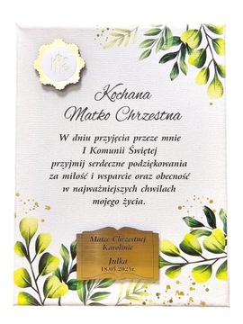 Podziękowanie na płótnie dla Matki Chrzestnej Ojca Chrzestnego na komunię