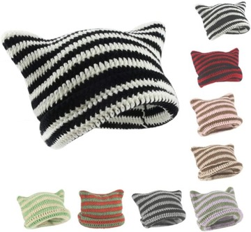 Women Knitted Cat Beanie Striped Hat,Y2K Gothic Crochet Cat Ears Hat,
