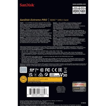 Sandisk SDXC Extreme Pro 256 ГБ 200 МБ/с UHSI V30 U3