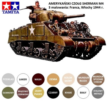 Tamiya Model czołgu Tank Sherman M4 + ZESTAW: PODKŁAD, FARBY+LAKIER