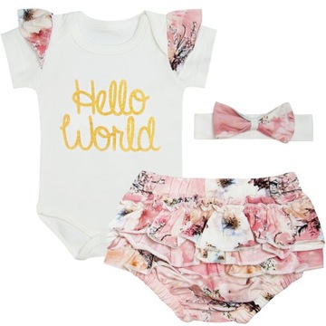 KOMPLET NIEMOWLĘCY body bloomersy opaska 80