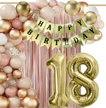 BALONY złote dekoracje na urodziny cyfra 18 lat beż wild rose gold