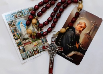 МЕГА большие четки Св. Бенедикт, деревянный крест на веревке, медальон IHS 7 см.