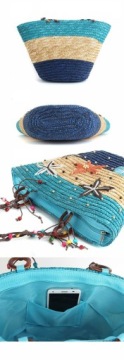 ЦВЕТНАЯ СОЛОМЕННАЯ СУМКА, СИНЯЯ ПЛЯЖНАЯ КОРЗИНА