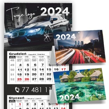 Kalendarz 2024 TRÓJDZIELNY ŚCIENNY logo dane firmy