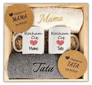 PREZENT NA DZIEŃ MAMY MATKI TATY OJCA ZESTAW KUBEK RĘCZNIK HAFT UPOMINEK