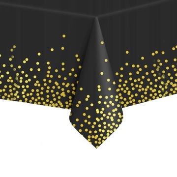 ОДНОРАЗОВАЯ СКАТЕРТЬ ИЗ ФОЛЬГИ СТОЙКАЯ К ПЯТЯНИЯМ ДЛЯ ЧЕРНОГО СТОЛА С ЗОЛОТЫМИ ТОЧКАМИ КОНФЕТТИ