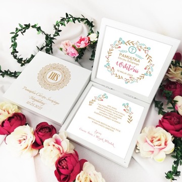 PAMIĄTKA CHRZTU ŚWIĘTEGO PUDEŁKO DREWNIANE NA PIENIĄDZE PREZENT CHRZEST