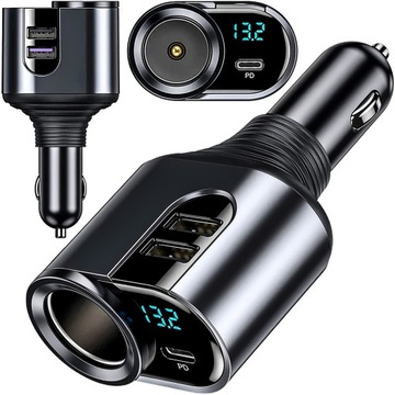 ROZDZIELACZ ZAPALNICZKI ŁADOWARKA 2x USB USB-C C PD 127W SZYBKA WOLTOMIERZ