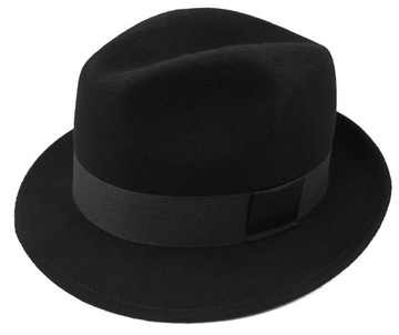 Elegancki czarny kapelusz męski WEŁNA FEDORA G1 55