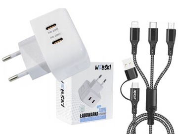 ZASILACZ SIECIOWY DO TELEFONU GNIAZDO C 40W 2xUSB-C PD Z MOCNYM KABLEM 5W1