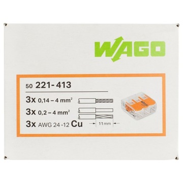 WAGO SZYBKOZŁĄCZKA 3x0,14-4mm2 221-413 50 szt