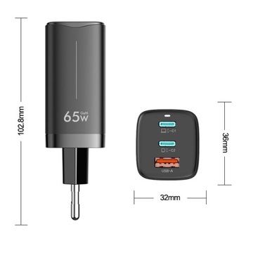 Ładowarka sieciowa Feegar GaN 65W 3x USB Typ C PD