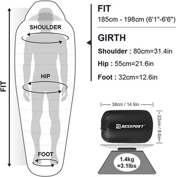 BESSPORT ТЕПЛЫЙ, ЛЕГКИЙ ПОХОДНЫЙ СПАЛЬНЫЙ МЕШОК, 3 СЕЗОНА
