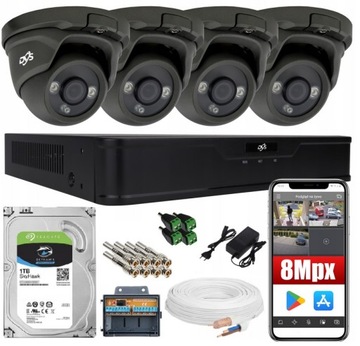 ZESTAW MONITORINGU 4 CZARNE KAMERY KOPULKI 8Mpx ZDALNY PODGLAD DVS