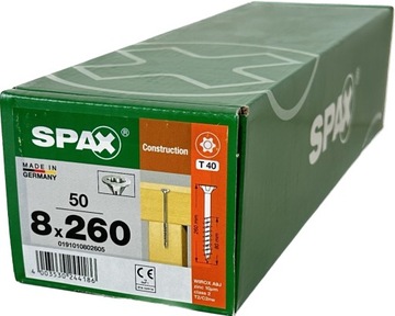 Wkręty uniwersalne do drewna 8 x 260mm SPAX WIROX BIT T-40 stożek 50szt