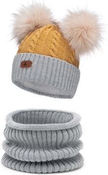 Czapka zimowa z 2 pomponami + komin Żółta 46-50
