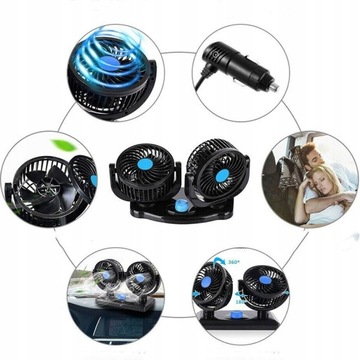 WIATRAK SAMOCHODOWY WENTYLATOR 360° PODWÓJNY REGULOWANY CICHY NA KOKPIT 12V