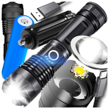 MOCNA LATARKA TAKTYCZNA LED XHP90 ZOOM WOJSKOWA akumulatorowa ZESTAW