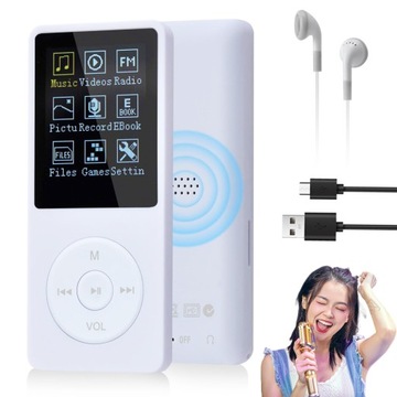 ODTWARZACZ MP3 SMUKŁY PRZENOŚNY BLUETOOTH EBOOK RADIO FM HI-FI 16GB BIAŁY