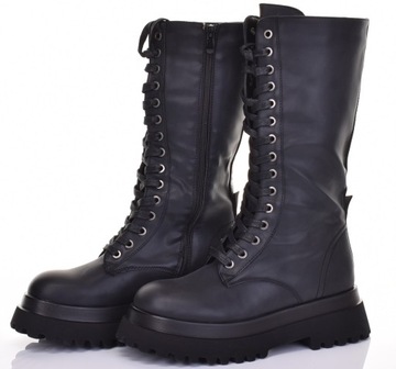 MODNE KOZAKI DAMSKIE SKÓRZANE BUTY WYSOKIE NA PLATFORMIE OCIEPLANE