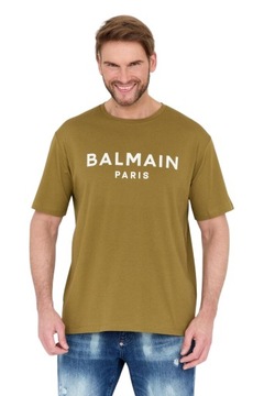 BALMAIN Zielony t-shirt męski z białym logo S