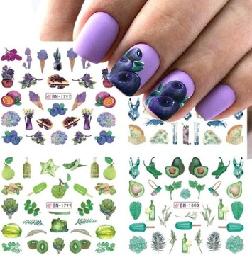 ВОДНЫЕ НАКЛЕЙКИ для украшения ногтей, лист из 12 рисунков, летние фруктовые украшения