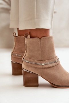 БОТИНКИ ЖЕНСКИЕ НА ЦЕПИ, ВЫСОКИЙ КАБЛУК, ЭКО ЗАМША, УТЕПЛЕННЫЙ, БЕЖЕВЫЙ 38