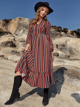 SUKIENKA LETNIA BOHO MAXI W PASKI Z BUFIASTYMI RĘKAWAMI CASUAL ANANY M 38