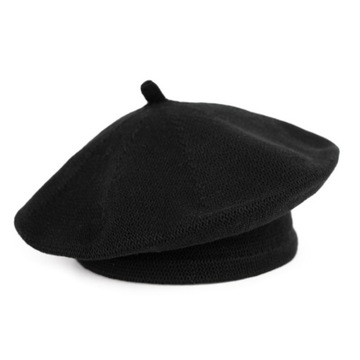Beret CZARNY Dzianinowy Bawełna z Antenką Wygodny Stylowy Miękki Casualowy