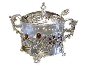 CUKIERNICA POSREBRZANA IMITACJE BURSZTYNU WZORY KWIATOWE ŚLICZNY PREZENt