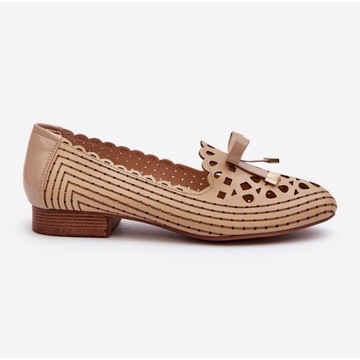 АЖУРНЫЕ БАЛЕТКИ ЖЕНСКИЕ НА ПЛОСКОМ КАБЛУКЕ С БАНТОМ, БЕЖЕВЫЙ 39