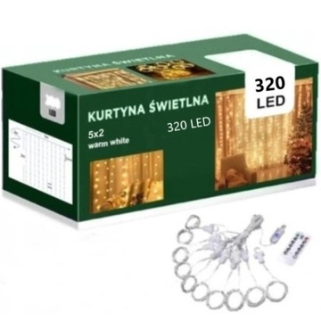 Kurtyna Świetlna 320LED 5x2m druciki Biały Ciepły