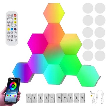 KINKIET SZEŚCIOKĄT RGB LED SYNCHRONIZACJA MUZYKI KONTROLA APLIKACJI 10SZT