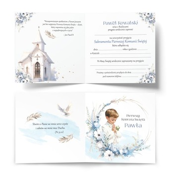 ZAPROSZENIA NA KOMUNIĘ DLA CHŁOPCA + IMIĘ + KOPERTA