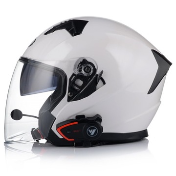 МОТОЦИКЛОВЫЙ ОТКРЫТЫЙ ШЛЕМ, БЕЛЫЙ ГЛЯНЦЕВЫЙ, СКУТЕР ЧОППЕР + БЛЕНДА + ИНТЕРКОМ