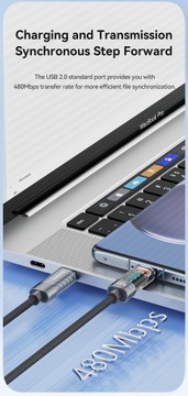 Kabel Toocki USB C -USB typ C 2 metry 66W Wyświetlacz LED Mocny Oplot Szary