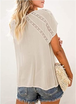 bluzka krótki rękaw fason klasyczny rozmiar M Beżowa koszulka z koronką
