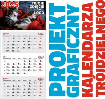 TANIE Kalendarze TRÓJDZIELNE 2025 z NADRUKIEM Twoje LOGO Zdjęcie - 10 sztuk