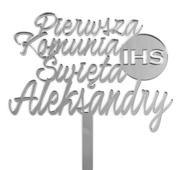 Topper na komunie z imieniem srebrny Komunia Święta IMIĘ srebrne lustro