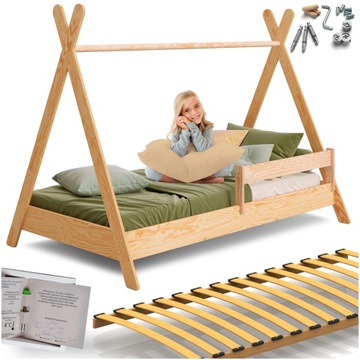 Łóżko Dziecięce pojedyncze Domek TIPI 180x90 Lakier z barierką + stelaż