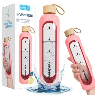 Bidon Szklany Butelka Szczelna na wodę 1l 1000ml Wessper w etui silikonowym