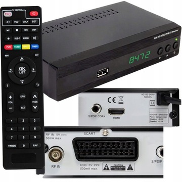 DEKODER DVB-T2 FULL HD TV NAZIEMNEJ HEVC H.265 TUNER HDMI SCART USB PILOT