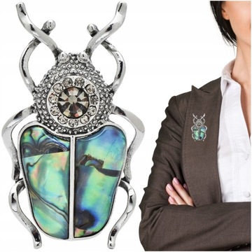 Elegancka broszka skarabeusz żuk z masą perłową srebrna z cyrkoniami pin