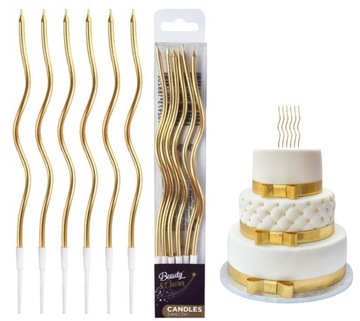 Świeczki urodzinowe ŚWIDERKI SPIRALE złote 16cm +4cm 6szt