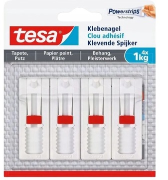 TESA Gwóźdź samoprzylepny do tapety i tynku - białe haczyki na klej 1kg x4
