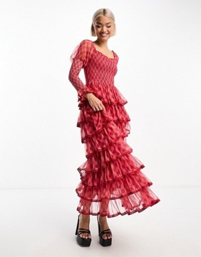 Amy Jane London Tiulowa sukienka maxi w różowo-czerwoną szkocką kratkę XS
