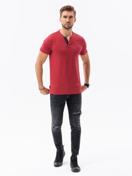 T-shirt męski bez nadruku S1390 czerwony melanż L
